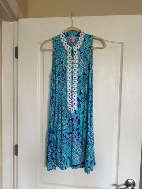 Lilly Pulitzer Blue Teal Printed Sleeveless Dress with White Trim